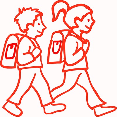 Strichzeichnung von zwei Kindern mit Schultaschen